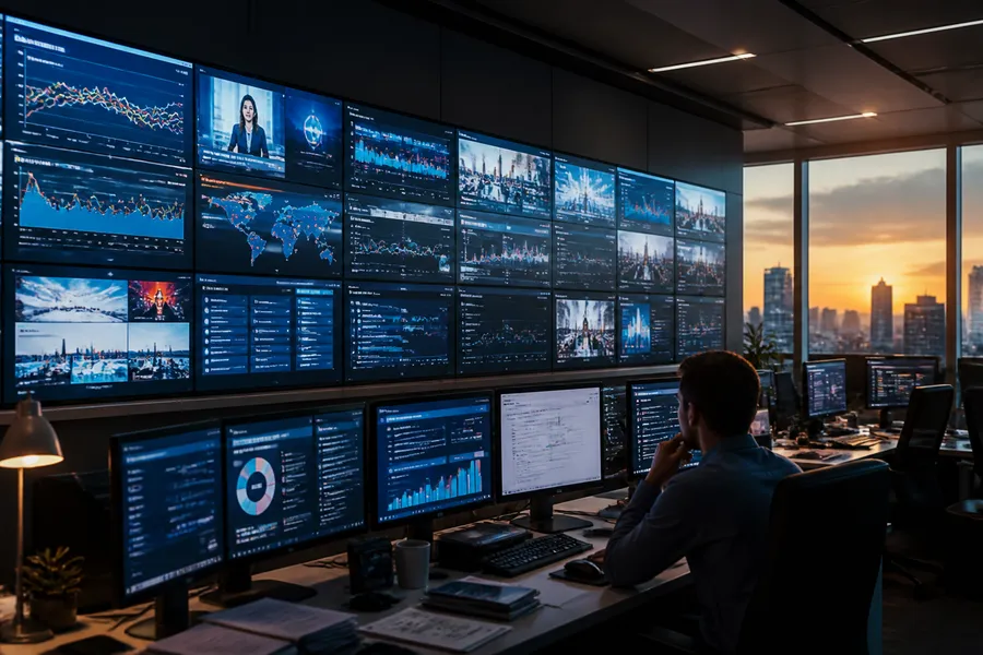 Media monitoring tools illustrated with charts and PR workflow screens