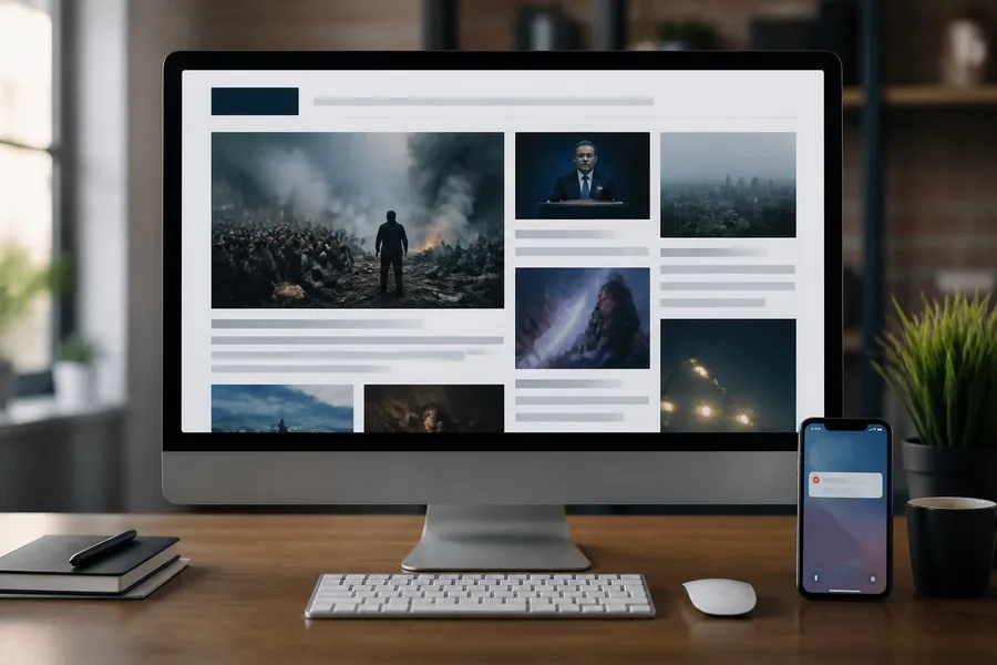 Online newsrooms and press inquiries illustrated with charts and PR workflow screens