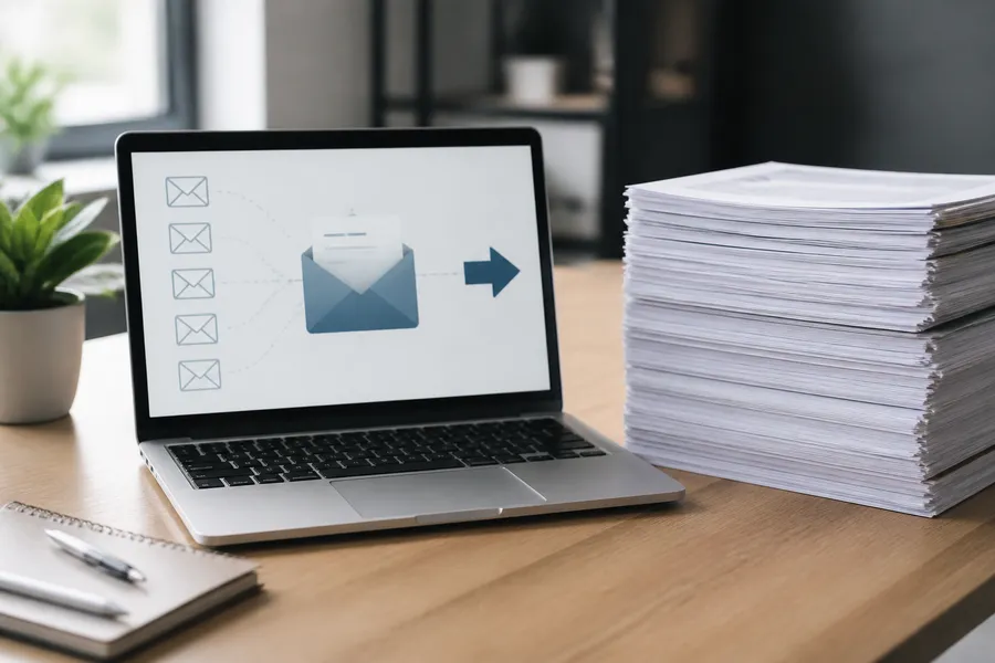 Press release distribution illustrated with charts and PR workflow screens